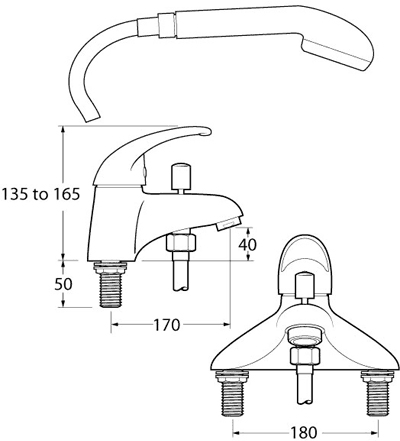 Technical image of Deva Elan Single Lever Bath Shower Mixer Tap With Shower Kit.