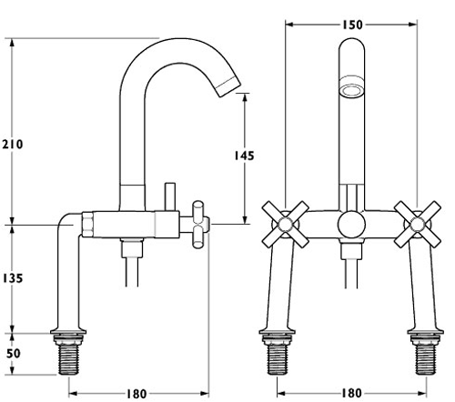 Technical image of Deva Expression Bath Shower Mixer Tap With Shower Kit And Wall Bracket.