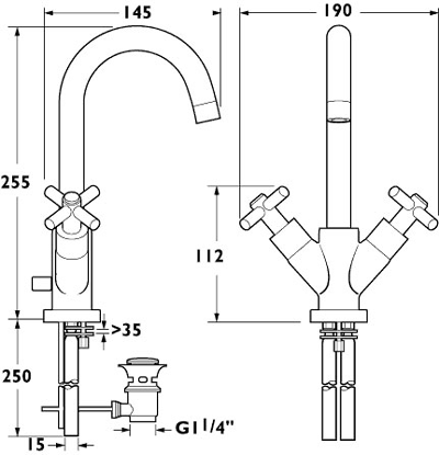 Technical image of Deva Expression Mono Basin Mixer Tap With Swivel Spout And Pop Up Waste.