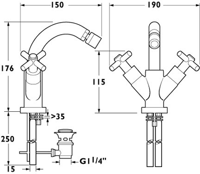 Technical image of Deva Expression Mono Bidet Mixer Tap With Swivel Spout And Pop Up Waste.