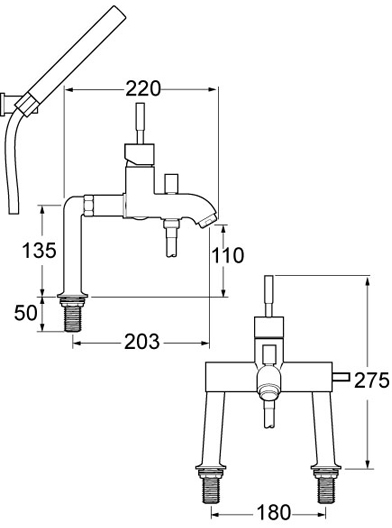 Technical image of Deva Evolution Bath Shower Mixer Tap With Shower Kit.