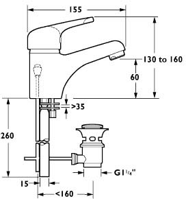 Technical image of Deva Excel Mono Basin Mixer Tap With Side Pop Up Waste (Chrome).