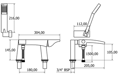 Technical image of Deva Fischio Bath Shower Mixer Tap With Shower Kit (Chrome).