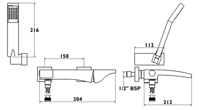 Technical image of Deva Fischio Wall Mounted Bath Shower Mixer Tap (Black Handle).
