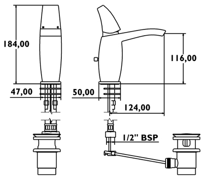Technical image of Deva Fischio Mono Basin Mixer Tap With Pop Up Waste (Black Handle).