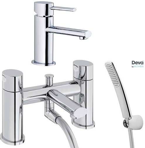 Larger image of Deva Funky Basin & Bath Shower Mixer Tap Set (Chrome).