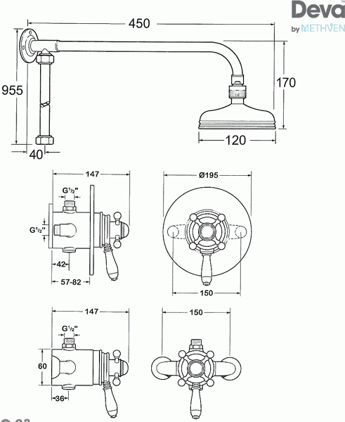 Technical image of Deva Georgian Traditional Thermostatic Shower Valve With Rigid Riser Kit.