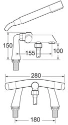 Technical image of Deva Hybrid Bath Shower Mixer Tap With Shower Kit And Wall Bracket.