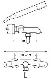 Technical image of Deva Hybrid Wall Mounted Bath Shower Mixer Tap With Shower Kit.