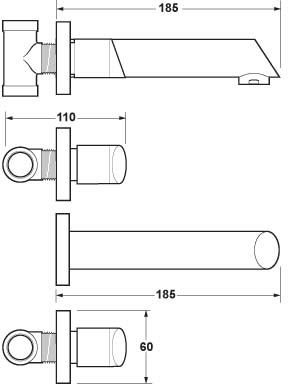 Technical image of Deva Hybrid 3 Tap Hole Wall Mounted Basin Mixer Tap.