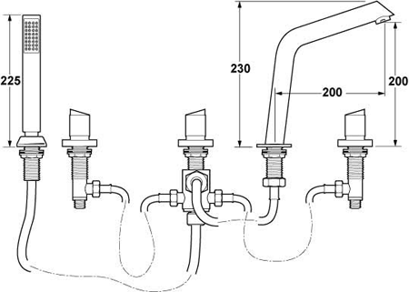 Technical image of Deva Hybrid 5 Hole Deck Mounted Bath Shower Mixer Tap.