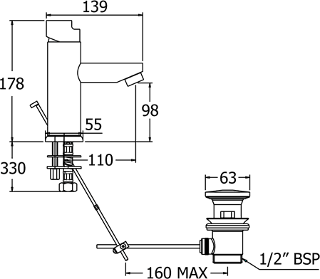 Technical image of Deva Ikon Mono Basin Mixer Tap With Pop Up Waste (Chrome).