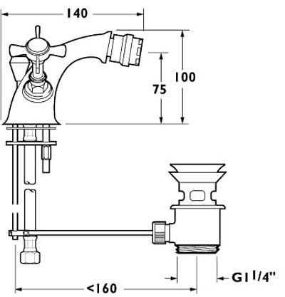 Technical image of Deva Imperial Mono Bidet Mixer Tap With Pop Up Waste (Gold).