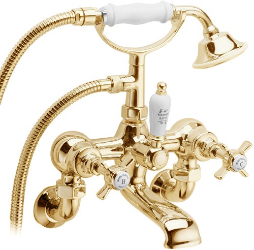 Larger image of Deva Imperial Wall Mounted Bath Shower Mixer Tap With Shower Kit (Gold).