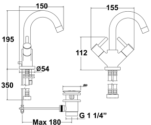 Technical image of Deva Insignia Mono Basin Mixer Tap With Swivel Spout And Pop Up Waste, CLEARANCE.
