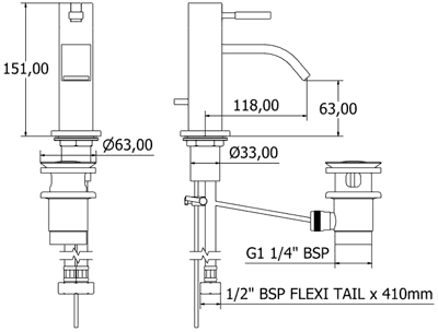 Technical image of Deva Jala Mono Basin Mixer Tap With Pop Up Waste (Chrome).