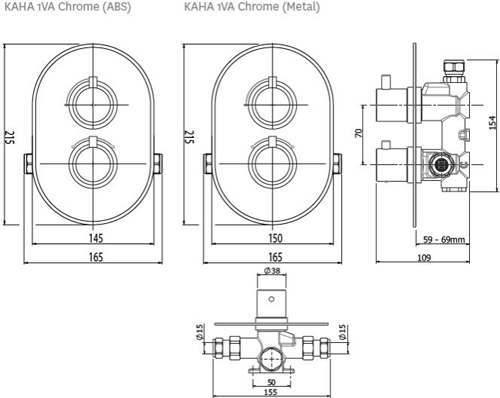 Technical image of Methven Kaha Concealed Thermostatic Shower Valve & Alo Shower System.