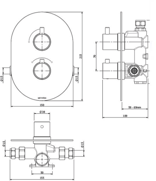 Technical image of Methven Kaha Concealed Thermostatic Mixer Shower Valve (Black, 1 Outlet).