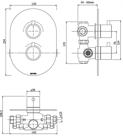 Technical image of Methven Kaha Concealed Thermostatic Mixer Shower Valve (Black, 2 Outlets).
