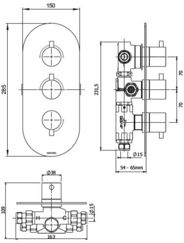 Technical image of Methven Kaha Concealed Thermostatic Mixer Shower Valve (Chrome, 3 Outlets).