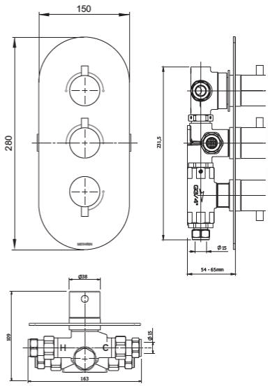Technical image of Methven Kaha Concealed Thermostatic Mixer Shower Valve (Black, 3 Outlets).