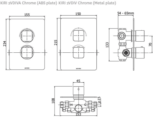Technical image of Methven Kiri Concealed Thermostatic Mixer Shower Valve (Chrome, 2 Outlets).