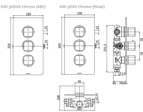 Technical image of Methven Kiri Concealed Thermostatic Mixer Shower Valve (Chrome, 3 Outlets).