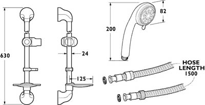 Technical image of Deva Shower Kits Riser Rail Kit With Multi Function Handset & Hose (Chrome).