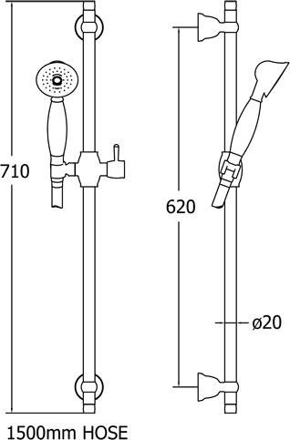 Technical image of Deva Shower Kits Traditional Slide Rail Kit With Handset & Hose.