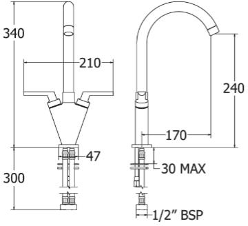 Technical image of Deva Lever Action Kitchen Tap With Swivel Spout (Brushed Chrome).