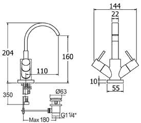 Technical image of Deva Linx Mono Basin Mixer Tap With Swivel Spout & Pop Up Waste (Chrome).