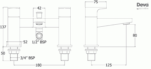 Technical image of Deva Lush Basin & Bath Shower Mixer Tap Set (Chrome).