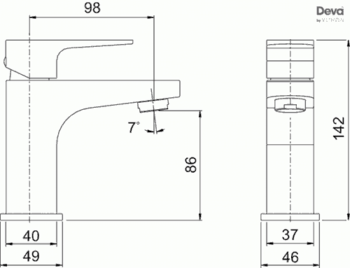 Technical image of Deva Lush Mini Mono Basin Mixer Tap (Chrome).