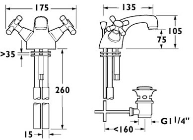 Technical image of Deva Milan Mono Basin Mixer Tap With Pop Up Waste.