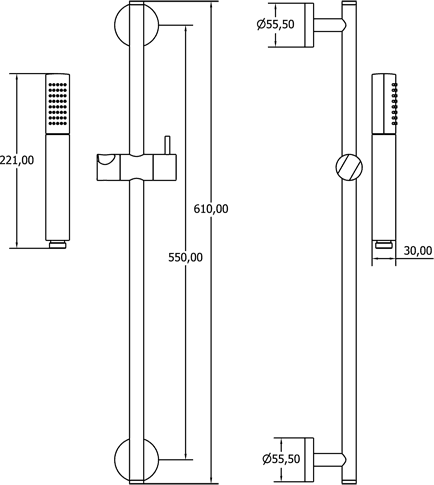 Technical image of Deva Shower Kits Modern Slide Rail Kit With Pencil Handset & Hose (Chrome).