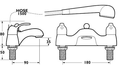 Technical image of Deva Provence Bath Shower Mixer Tap With Shower Kit (Chrome).