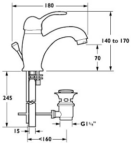 Technical image of Deva Provence Mono Basin Mixer Tap With Pop Up Waste (Gold).