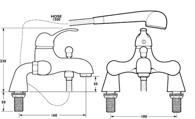 Technical image of Deva Provence Bath Shower Mixer Tap With Shower Kit (Gold).