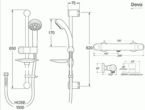 Technical image of Deva Response Thermostatic Bar Shower Valve With Single Mode Kit.