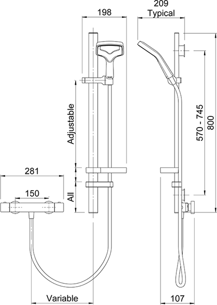 Technical image of Methven Aurajet Rua Cool to Touch Bar Mixer Shower Kit (Chrome).