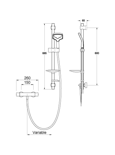 Technical image of Methven Aurajet Rua Cool Touch Bar Shower With Easy Fit Shower Kit.