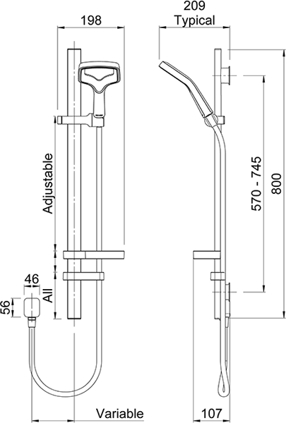 Technical image of Methven Aurajet Rua Rail Shower Kit (Chrome).