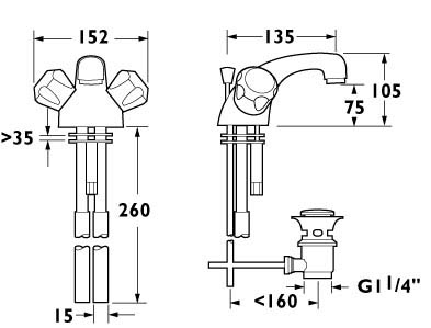 Technical image of Deva Commercial Water Saving Monoblock Basin Mixer Tap + Pop-up Waste.