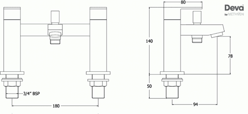 Technical image of Deva Savvi Basin & Bath Shower Mixer Tap Set (Chrome).