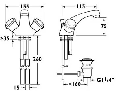 Technical image of Deva Senate Mono Basin Mixer Tap With Pop Up Waste (Chrome And Gold).