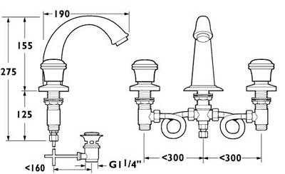 Technical image of Deva Senate 3 Hole Basin Mixer Tap With Pop Up Waste (Chrome).