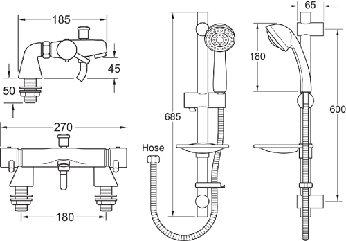 Technical image of Methven Kiri Satinjet Thermostatic Bath Shower Mixer Tap & Slide Rail Kit.