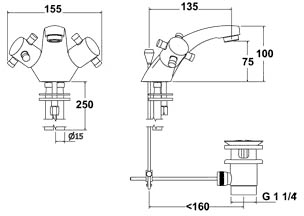 Technical image of Deva Sicilian Mono Basin Mixer Tap With Pop Up Waste.