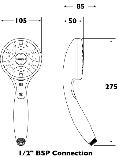 Technical image of Deva Satinjet Awatea Shower Handset With Hose.