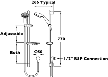 Technical image of Deva Satinjet Awatea Shower Kit With Riser Rail, Hose And Handset.